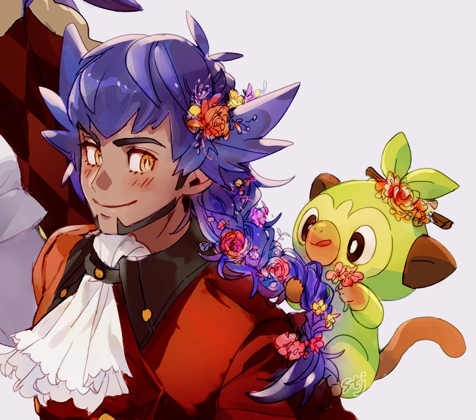 1boy alternate_hairstyle argyle bangs blush braid braided_ponytail bright_pupils buttons cape closed_mouth coat commentary_request dark-skinned_male dark_skin facial_hair flower fur-trimmed_coat fur_trim grookey hair_flower hair_ornament jabot leon_(pokemon) long_hair male_focus pokemon pokemon_(creature) pokemon_(game) pokemon_swsh purple_hair red_cape smile stj_pkmn tailcoat white_neckwear white_pupils yellow_eyes