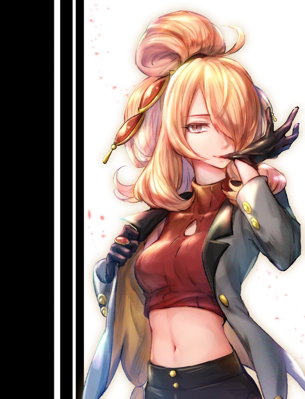 1girl akihorisu bangs black_gloves black_pants blonde_hair breasts buttons commentary_request cynthia_(pokemon) eyelashes gloves grey_eyes grey_jacket hair_ornament hair_over_one_eye highres holding jacket long_hair long_sleeves looking_at_viewer mouth_hold navel official_alternate_costume open_clothes open_jacket opened_by_self pants parted_lips pokemon pokemon_(game) pokemon_masters_ex red_sweater_vest solo tied_hair turtleneck