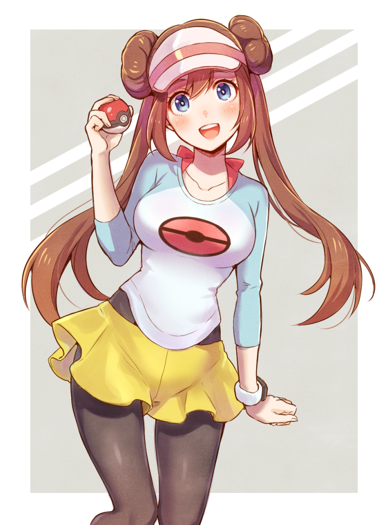 1girl :d bangs blue_eyes blush border bow breasts brown_hair collarbone commentary_request double_bun eyelashes hand_up holding holding_poke_ball legwear_under_shorts long_hair looking_at_viewer nokataro open_mouth outside_border pantyhose pink_bow poke_ball poke_ball_(basic) pokemon pokemon_(game) pokemon_bw2 raglan_sleeves rosa_(pokemon) shirt short_shorts shorts smile solo tongue twintails upper_teeth visor_cap white_border yellow_shorts