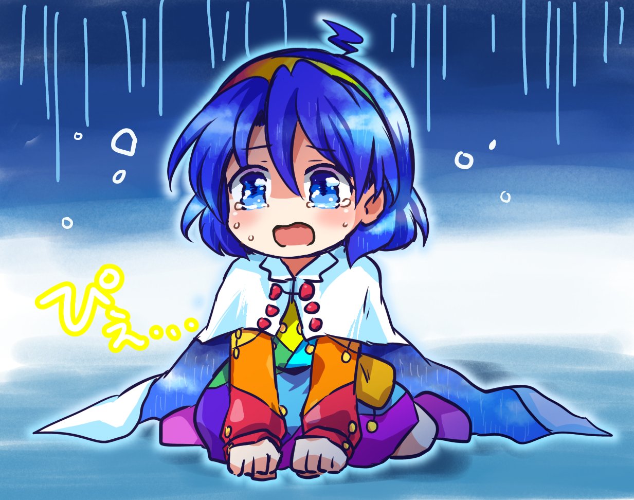 1girl ahoge bangs blue_eyes blue_hair cape cloak crying crying_with_eyes_open dress eyebrows_visible_through_hair long_sleeves multicolored multicolored_clothes multicolored_dress multicolored_hairband one-hour_drawing_challenge open_mouth patchwork_clothes pote_(ptkan) rain_print rainbow_gradient red_button sad short_hair sky_print tears tenkyuu_chimata touhou two-sided_cape two-sided_fabric white_cape white_cloak