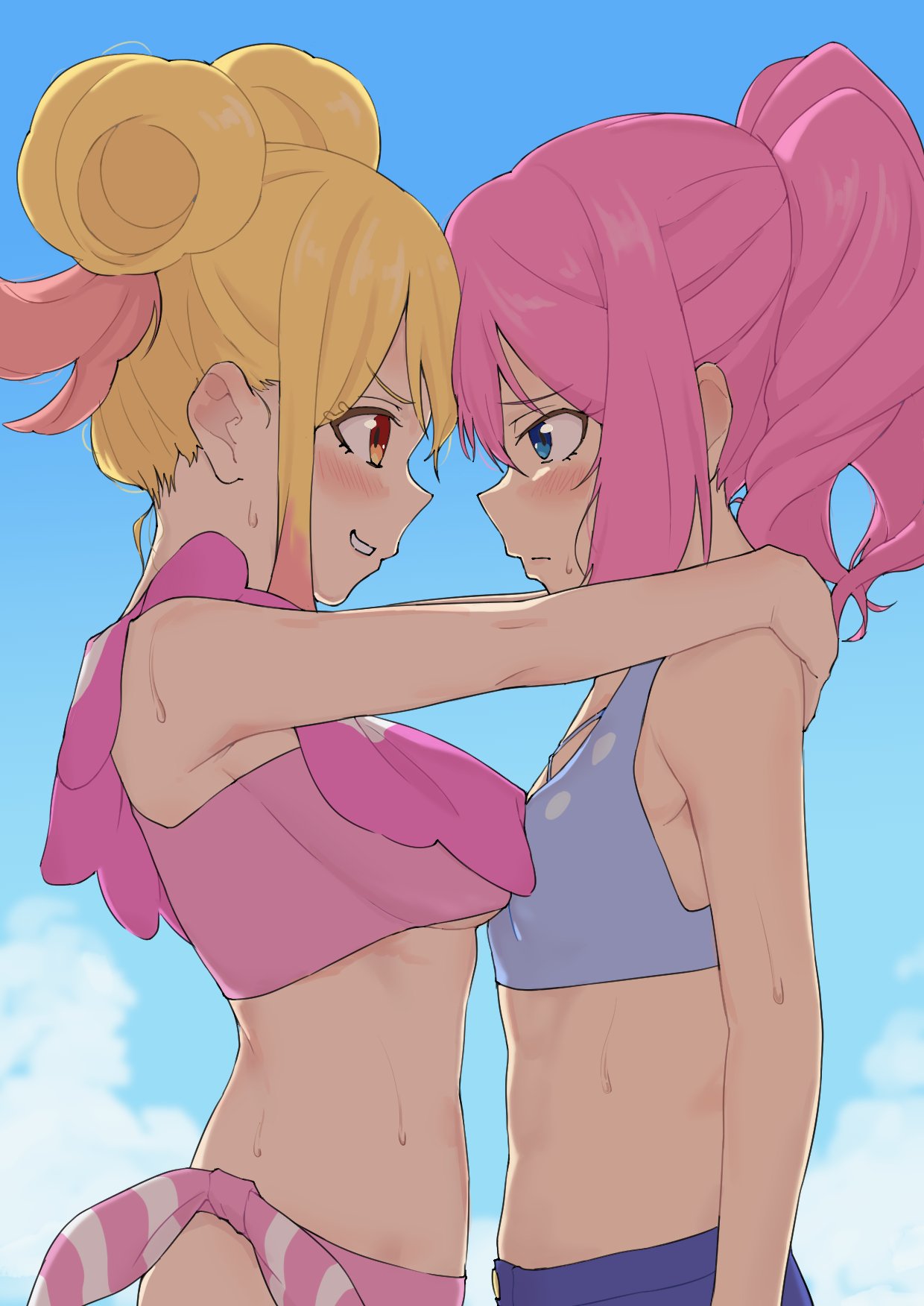 aikatsu! aikatsu!_(series) asymmetrical_docking bikini blonde_hair blue_background blue_bikini blue_eyes blue_sky blush breast_press breasts character_request closed_mouth copyright_request day double_bun eye_contact flat_chest grin highres hug long_hair looking_at_another medium_breasts osame outdoors pink_bikini pink_hair ponytail red_eyes side-tie_bikini sideways_mouth simple_background sky smile swimsuit white_background