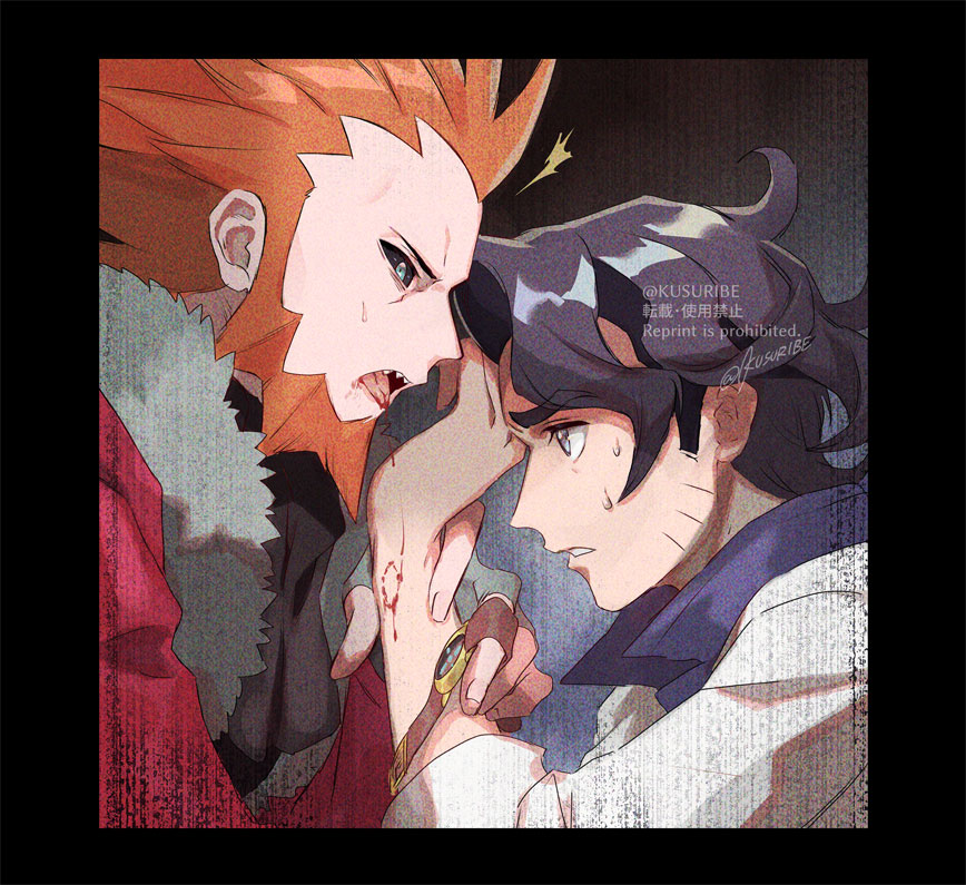 2boys ^^^ alternate_color augustine_sycamore beard black_border black_hair black_sclera blood border collared_shirt colored_sclera commentary_request curly_hair facial_hair fur-trimmed_jacket fur_trim green_eyes grey_eyes hand_up jacket kusuribe labcoat lysandre_(pokemon) male_focus multiple_boys open_mouth orange_hair parted_lips pokemon pokemon_(game) pokemon_masters_ex pokemon_xy red_jacket sharp_teeth shiny shiny_hair shirt signature spiky_hair sweat team_flare teeth tongue watch watch watermark wrist_grab