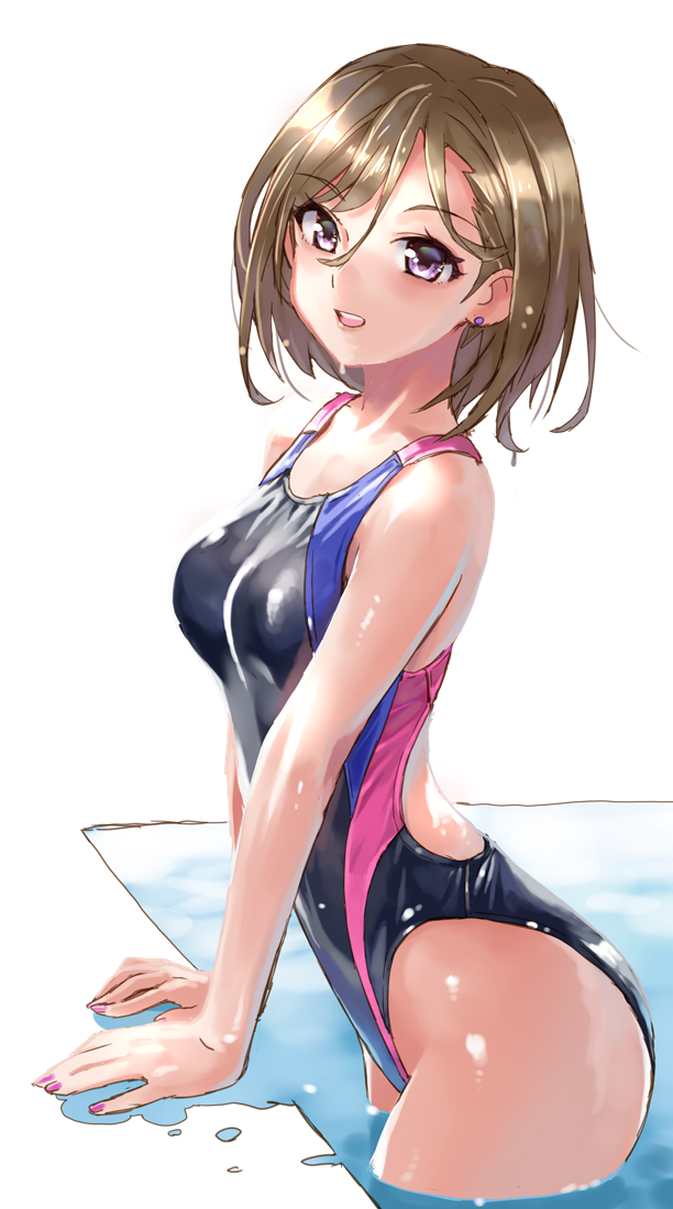 1girl black_swimsuit breasts brown_eyes brown_hair commentary_request competition_swimsuit cowboy_shot katahira_masashi looking_at_viewer nail_polish one-piece_swimsuit original pool poolside short_hair simple_background small_breasts solo swimsuit water wet wet_clothes wet_swimsuit white_background