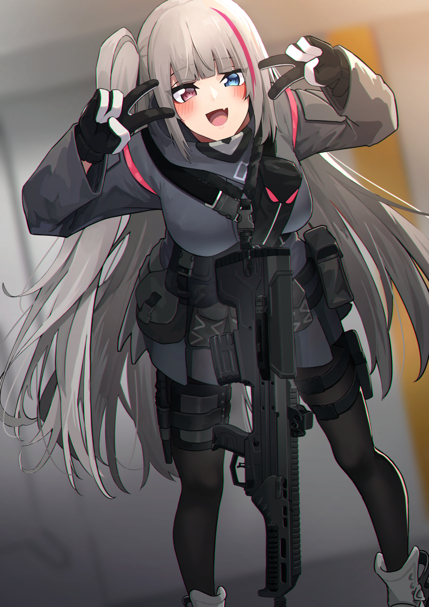 1girl black_legwear blue_eyes boots desert_tech_mdr double_v girls_frontline grey_hair hanabusaraleigh heterochromia highres long_hair long_sleeves mdr_(girls'_frontline) multicolored_hair one_side_up pantyhose purple_hair red_eyes solo streaked_hair tactical_clothes thigh_strap v white_footwear