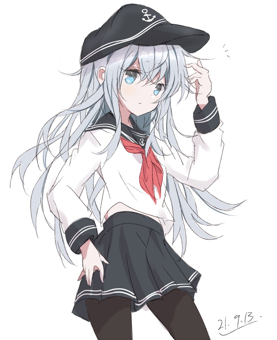 1girl anchor_symbol black_legwear black_sailor_collar black_skirt blue_eyes commentary_request core_(mayomayo) cowboy_shot dated flat_cap grey_eyes hat hibiki_(kancolle) highres kantai_collection long_hair neckerchief pantyhose pleated_skirt red_neckwear sailor_collar school_uniform serafuku silver_hair simple_background skirt solo standing white_background