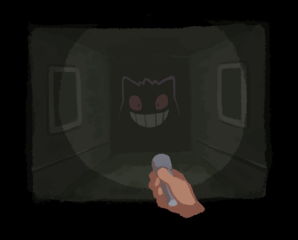 flashlight gengar grin hands haunted holding_flashlight plainwhite pokemon pokemon_(creature) red_eyes smile teeth