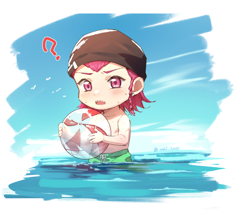 1boy ? ball bangs black_headwear blush braid child collarbone danganronpa_(series) danganronpa_2:_goodbye_despair earrings green_male_swimwear holding holding_ball jewelry looking_at_viewer male_focus medium_hair meipoi pink_eyes pink_hair sharp_teeth short_hair side_braid souda_kazuichi teeth twitter_username upper_teeth wading younger