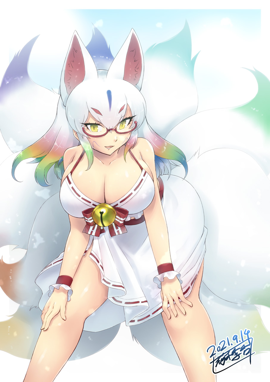 1girl :d alternate_costume animal_ears bangs barefoot bell breasts commentary_request dated dress extra_ears fox_ears fox_girl fox_tail glasses gradient_hair hair_between_eyes hands_on_own_knees highres jingle_bell kemono_friends kyuubi kyuubi_(kemono_friends) large_breasts leaning_forward legs_apart long_hair looking_at_viewer multicolored_hair multiple_tails open_mouth rainbow_hair red-framed_eyewear sakuragi_rian semi-rimless_eyewear signature smile solo tail under-rim_eyewear white_dress white_hair wrist_cuffs yellow_eyes