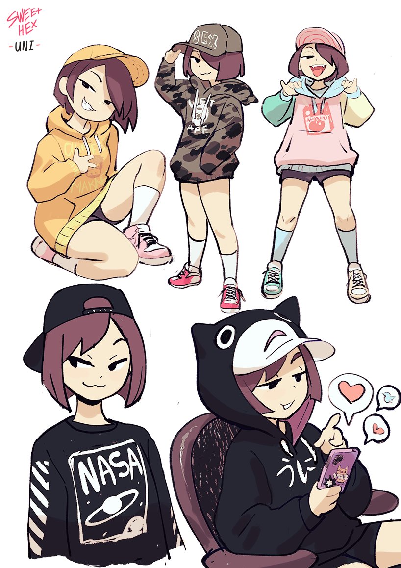 1girl :3 bangs black_hoodie black_shirt brown_hair character_name closed_mouth colo_(nagrolaz) copyright_name fangs grin hair_over_one_eye hood hoodie kneehighs long_sleeves looking_at_viewer naughty_face open_mouth parted_lips pink_footwear red_footwear shirt short_hair smile sweethex swept_bangs teeth tongue tongue_out uni_(sweethex) upper_teeth white_legwear yellow_headwear yellow_hoodie