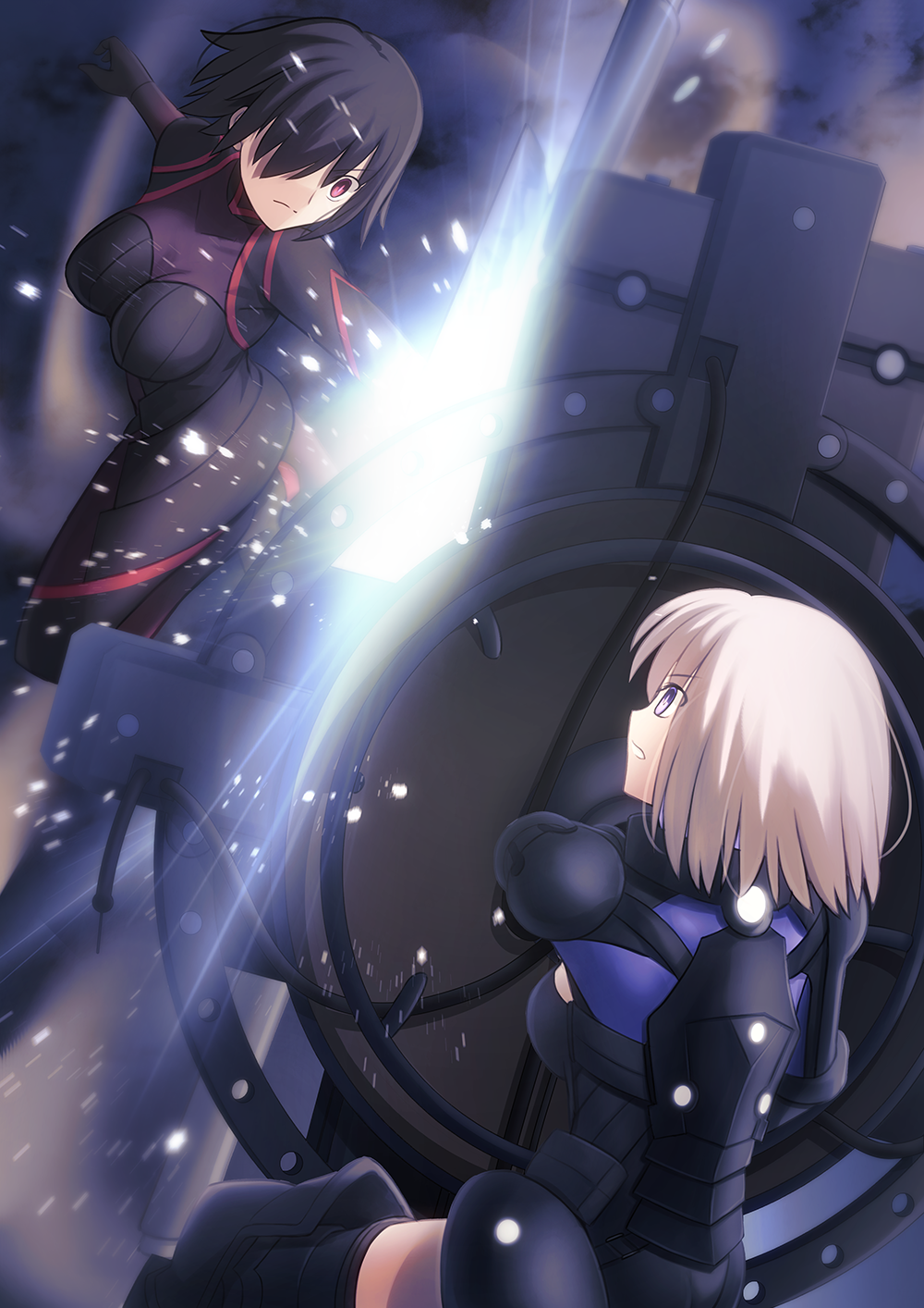 2girls armor armored_leotard back black_armor black_hair black_leotard bodysuit breasts closed_mouth commentary_request fate/grand_order fate/stay_night fate_(series) fighting hair_over_one_eye highres holding holding_shield holding_weapon large_breasts leotard light_purple_hair mash_kyrielight migiha multicolored_leotard multiple_girls one_eye_covered open_mouth ortenaus red_eyes shield short_hair tachie_(fate) teeth thigh-highs violet_eyes weapon