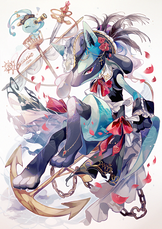 anchor chain clothed_pokemon coco7 commentary dagger flower furry jewelry knife manaphy mythical_pokemon petals pokemon pokemon_(creature) red_flower red_neckwear red_ribbon ribbon spikes spyglass toes waist_cape weapon white_neckwear wrist_cuffs