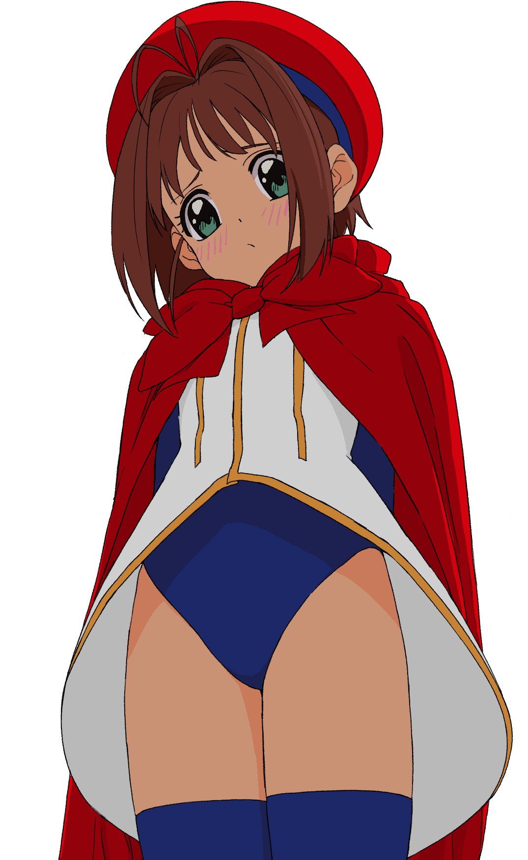 1girl blue_legwear blue_leotard blush bow cape cardcaptor_sakura closed_mouth cowboy_shot dress green_eyes hat head_tilt highres kinomoto_sakura leotard osame red_bow red_cape red_headwear simple_background solo standing thigh-highs white_background white_dress