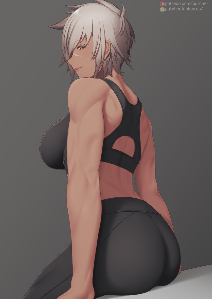 1girl arms_at_sides ass black_bra black_pants blazblue bra breasts bullet_(blazblue) closed_mouth commentary_request dark-skinned_female dark_skin eyebrows_visible_through_hair from_behind grey_background highres large_breasts looking_at_viewer looking_back midriff muscular pants profile putcher scar scar_on_face scar_on_nose short_hair silver_hair sitting solo sports_bra toned underwear watch watermark web_address yellow_eyes yoga_pants
