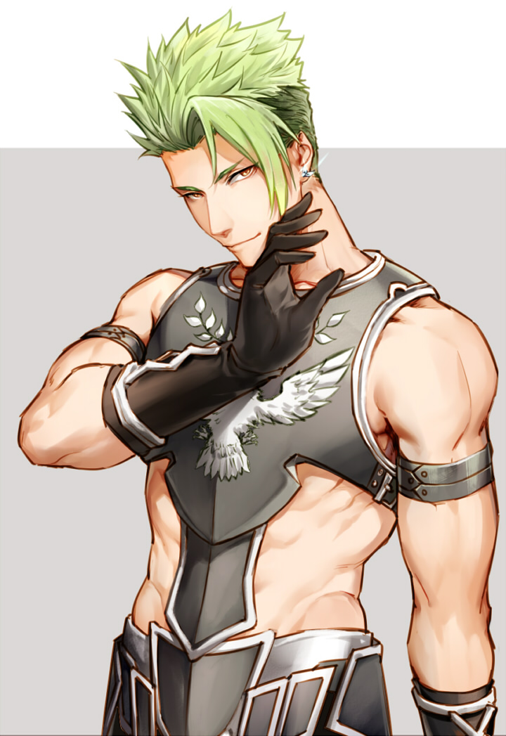 1boy achilles_(fate) armor bangs black_gloves changye closed_mouth earrings fate/apocrypha fate/grand_order fate_(series) gloves green_hair hand_up jewelry looking_at_viewer male_focus muscular muscular_male orange_eyes short_hair smile solo spiky_hair undercut upper_body