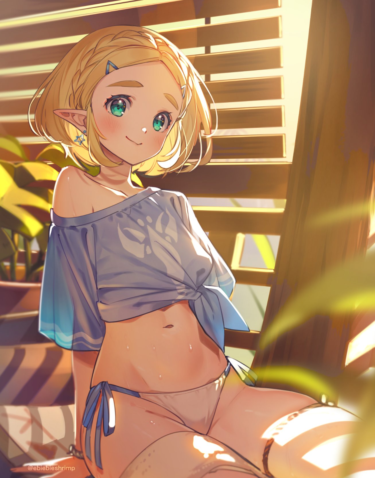 1girl alternate_costume arms_behind_back bikini blonde_hair blue_shirt blush braid closed_mouth collarbone crown_braid day forehead green_eyes hair_ornament hairclip highres indoors looking_at_viewer navel off_shoulder princess_zelda shirt short_hair short_sleeves shuri_(84k) side-tie_bikini single_bare_shoulder sitting smile solo stomach sunlight sweat swimsuit the_legend_of_zelda the_legend_of_zelda:_breath_of_the_wild the_legend_of_zelda:_breath_of_the_wild_2 thick_eyebrows tied_shirt twitter_username white_bikini