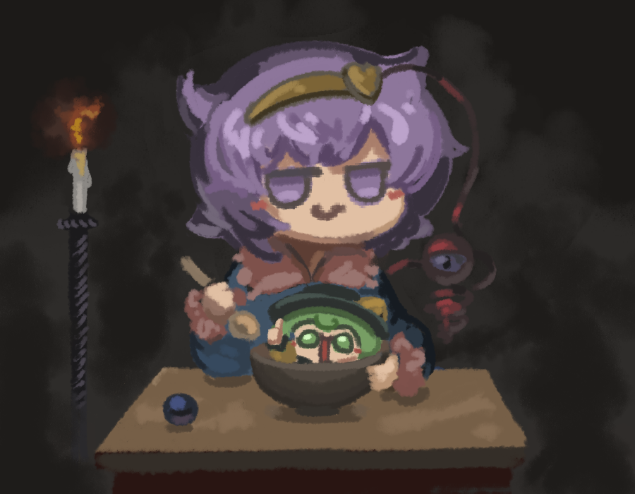 2girls :s blue_shirt bowl candle fine_art_parody green_eyes green_hair long_sleeves looking_at_viewer multiple_girls numenoko open_mouth parody purple_hair shirt short_hair spoon tagme tan_tan_pou third_eye thumbs_up touhou violet_eyes yellow_shirt