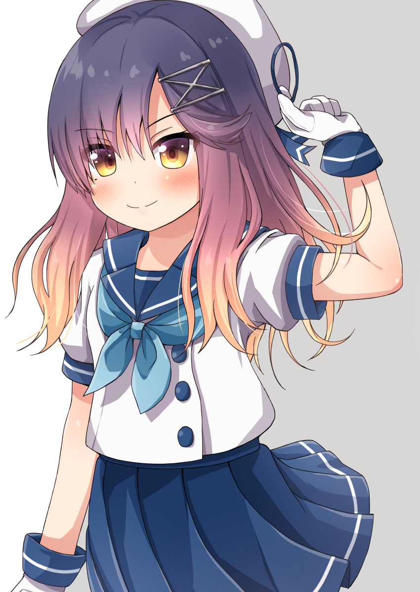 1girl blue_neckwear blue_sailor_collar blue_skirt blush closed_mouth comiching eyebrows_visible_through_hair gloves hat highres kantai_collection long_hair mole mole_under_eye neckerchief pleated_skirt purple_hair sailor_collar sailor_hat school_uniform serafuku short_sleeves skirt smile solo tsushima_(kancolle) white_gloves white_headwear yellow_eyes