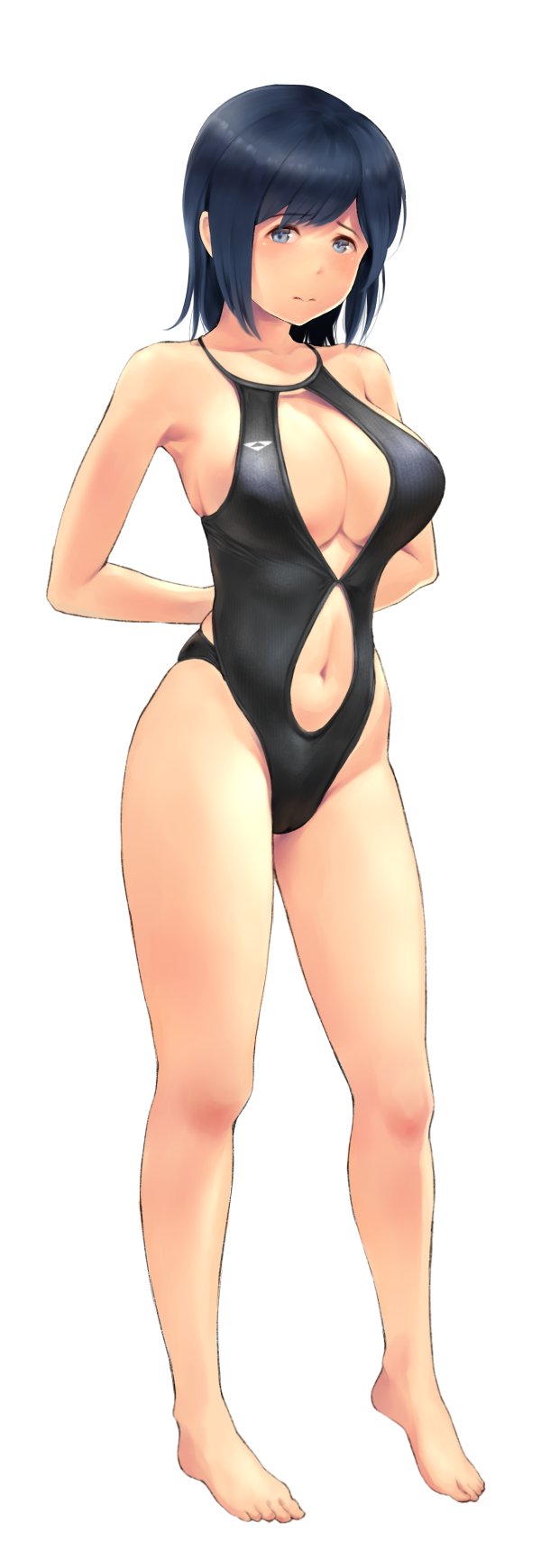1girl barefoot black_eyes black_hair black_swimsuit breasts cleavage_cutout clothing_cutout commentary_request competition_swimsuit full_body hair_down highres kantai_collection large_breasts long_hair looking_at_viewer navel_cutout one-piece_swimsuit revision simple_background solo souryuu_(kancolle) standing swimsuit wa_(genryusui) white_background