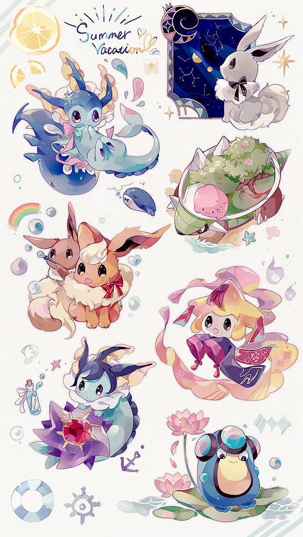 alternate_color bottle closed_mouth coco7 commentary cork eevee flower heart innertube jirachi lily_pad mythical_pokemon palpitoad petals pink_flower pokemon pokemon_(creature) ribbon shiny_pokemon starfish starmie torterra vaporeon water water_drop white_ribbon