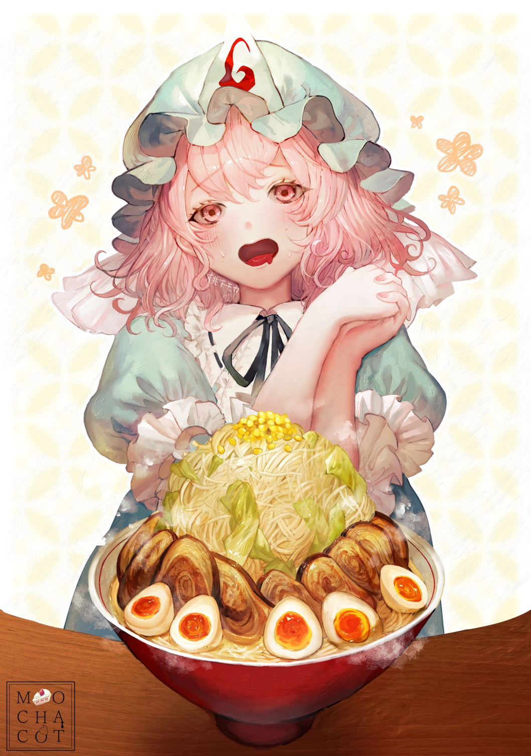 1girl artist_logo black_ribbon blue_headwear blue_kimono blush bowl eyebrows_visible_through_hair food frilled_kimono frills hair_between_eyes hat highres japanese_clothes kimono mob_cap mochacot mouth_drool noodles open_mouth pink_eyes pink_hair ramen ribbon saigyouji_yuyuko short_hair solo touhou triangular_headpiece