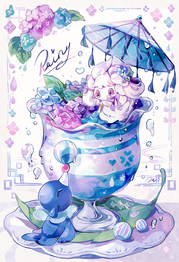 alcremie balancing_ball ball bow closed_eyes coco7 commentary cup flower framed gen_7_pokemon gen_8_pokemon in_container in_cup leaf liquid looking_down no_humans petals pokemon pokemon_(creature) popplio purple_bow saucer umbrella