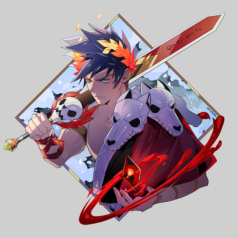 1boy black_hair blood gem greek_clothes green_eyes hades_(game) heterochromia laurel_crown male_focus ottonttn red_eyes single_bare_shoulder skull snow spiky_hair sword upper_body weapon zagreus_(hades)