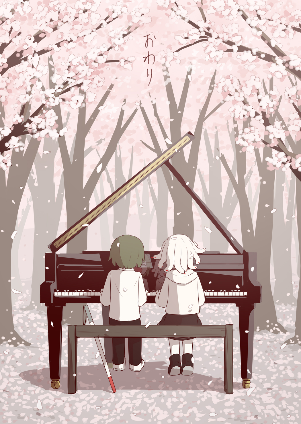 1boy 1girl :d avogado6 bench black_footwear black_pants black_skirt blind boots cherry_blossoms commentary_request forest from_behind green_hair highres hood hood_down hooded_jacket instrument jacket long_sleeves music nature on_bench open_mouth original pants piano playing_instrument playing_piano reflection shirt shoes sitting sitting_on_bench skirt smile snake_hair translation_request tree white_cane white_footwear white_hair white_jacket white_shirt