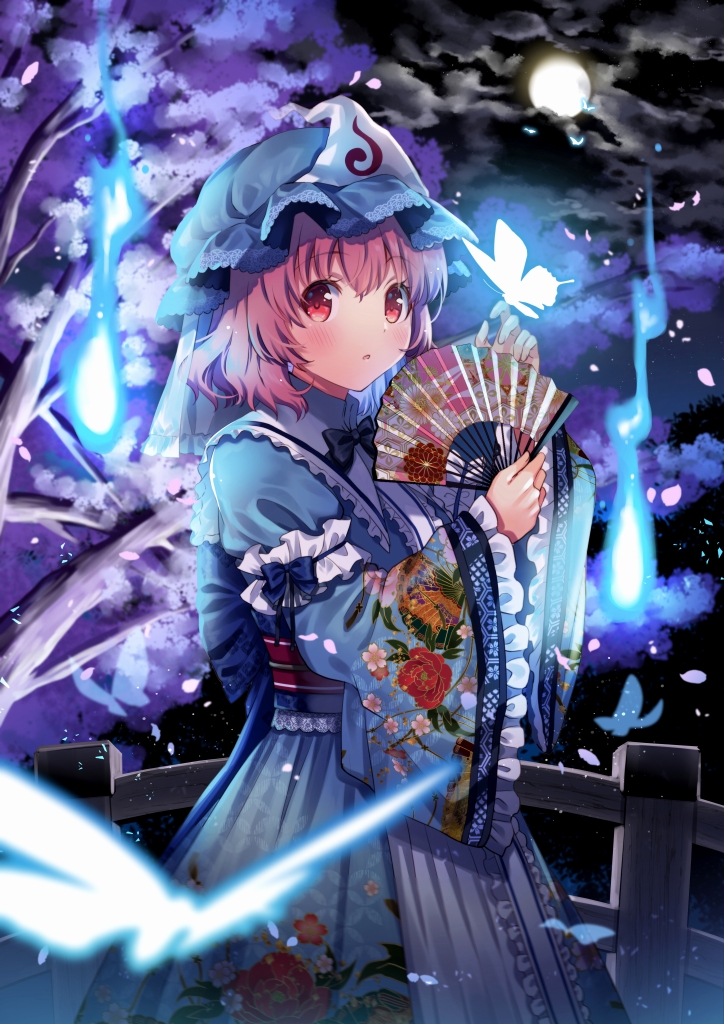 1girl arm_garter bangs blush bridge bug butterfly cherry_blossoms clouds cloudy_sky eyebrows_visible_through_hair floral_print folding_fan frilled_sleeves frills full_moon hair_between_eyes hand_fan hat hitodama holding holding_fan kapuchii long_sleeves looking_at_viewer mob_cap moon night night_sky obi petals pink_eyes pink_hair saigyouji_yuyuko sash short_hair sky solo touhou triangular_headpiece wide_sleeves