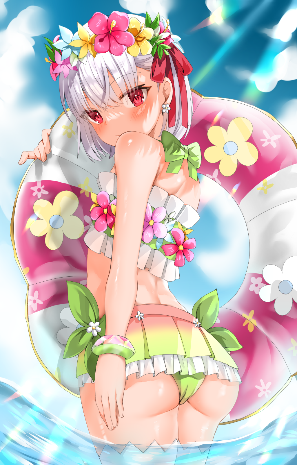 1girl ass bangs bare_shoulders bikini blue_sky blush breasts fate/grand_order fate_(series) flower_wreath green_bikini hair_ribbon head_wreath highres kama_(fate) kama_(swimsuit_avenger)_(fate) looking_at_viewer miniskirt ocean rainbow_skirt red_eyes ribbon ruruka_pr short_hair silver_hair skirt sky small_breasts solo swimsuit wading