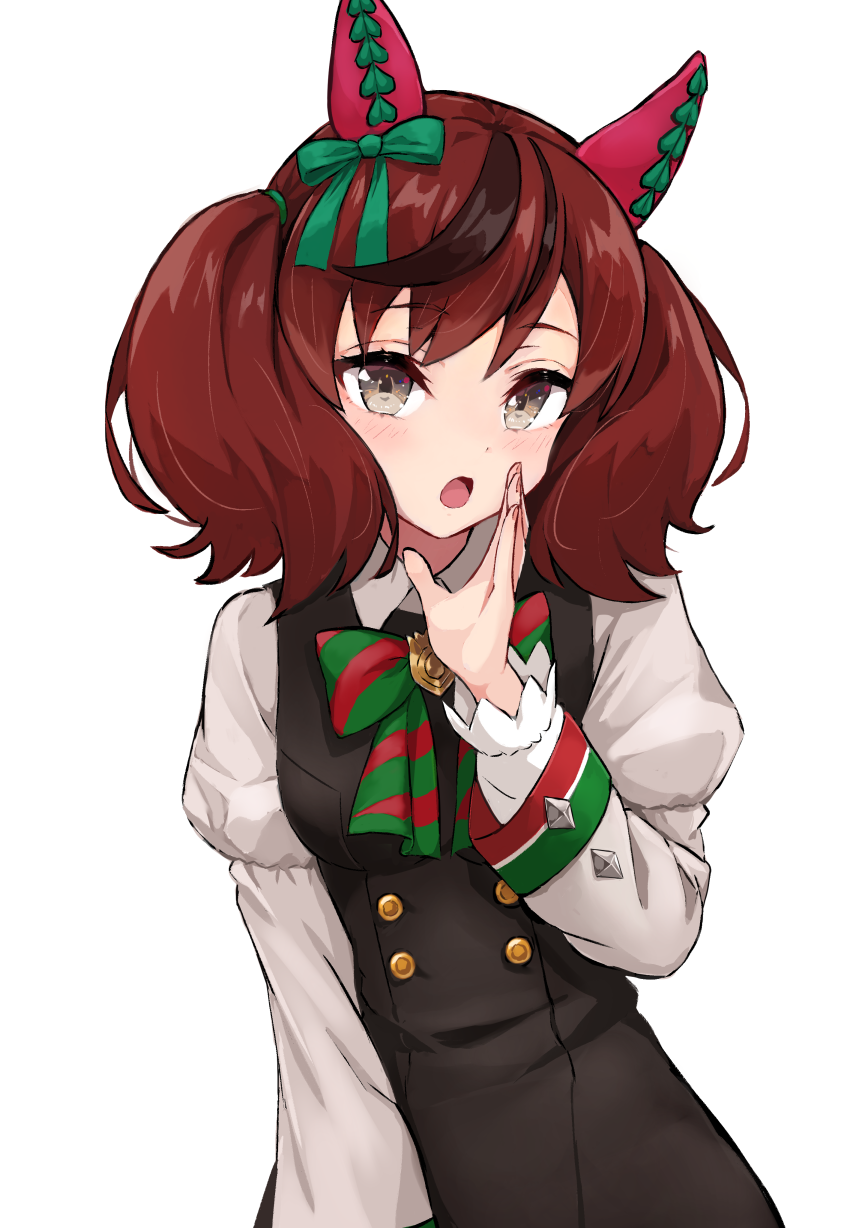 1girl animal_earmuffs bangs black_dress blush bow brown_eyes collared_shirt commentary_request cowboy_shot dress eyebrows_visible_through_hair green_bow green_neckwear hair_ribbon hand_up highres horse_girl kuronosu_(yamada1230) long_sleeves looking_at_viewer multicolored_bow multicolored_hair nice_nature_(umamusume) open_mouth pinafore_dress red_neckwear redhead ribbon shirt sidelocks simple_background solo streaked_hair tareme twintails umamusume white_background white_shirt