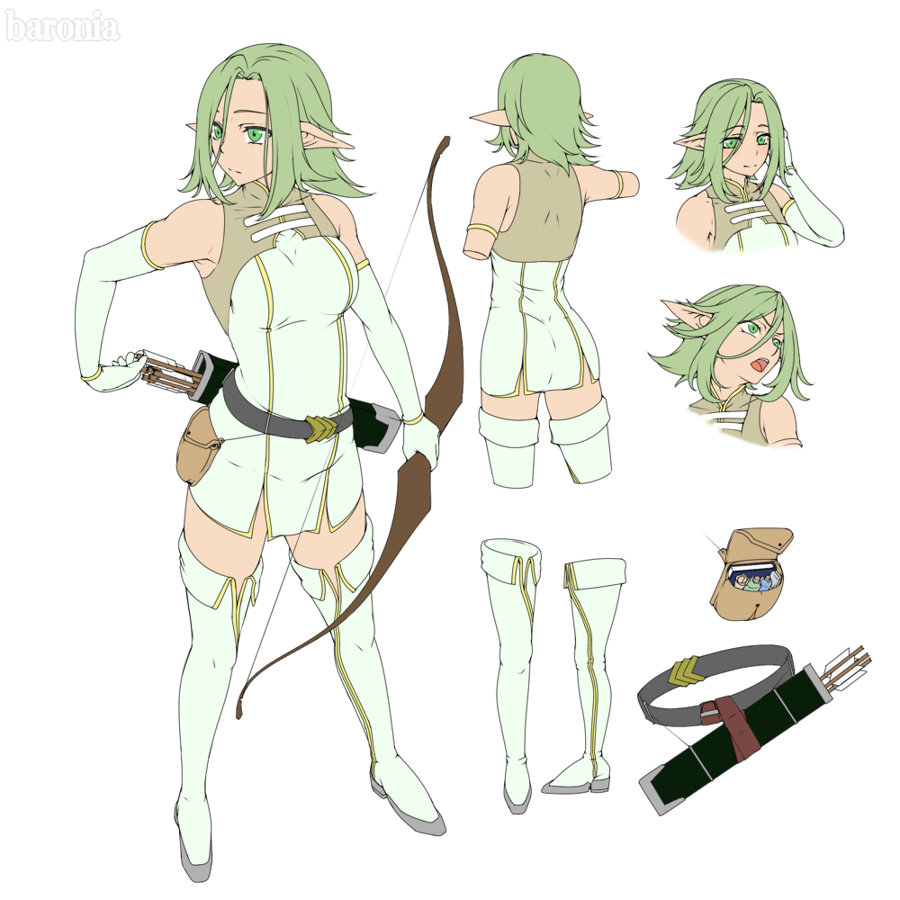 1girl arrow_(projectile) artist_name baronia belt boots bow_(weapon) character_sheet elbow_gloves elf full_body gloves green_eyes green_hair multiple_views original pale_color pointy_ears pouch simple_background standing thigh-highs thigh_boots weapon white_background white_footwear white_gloves white_legwear