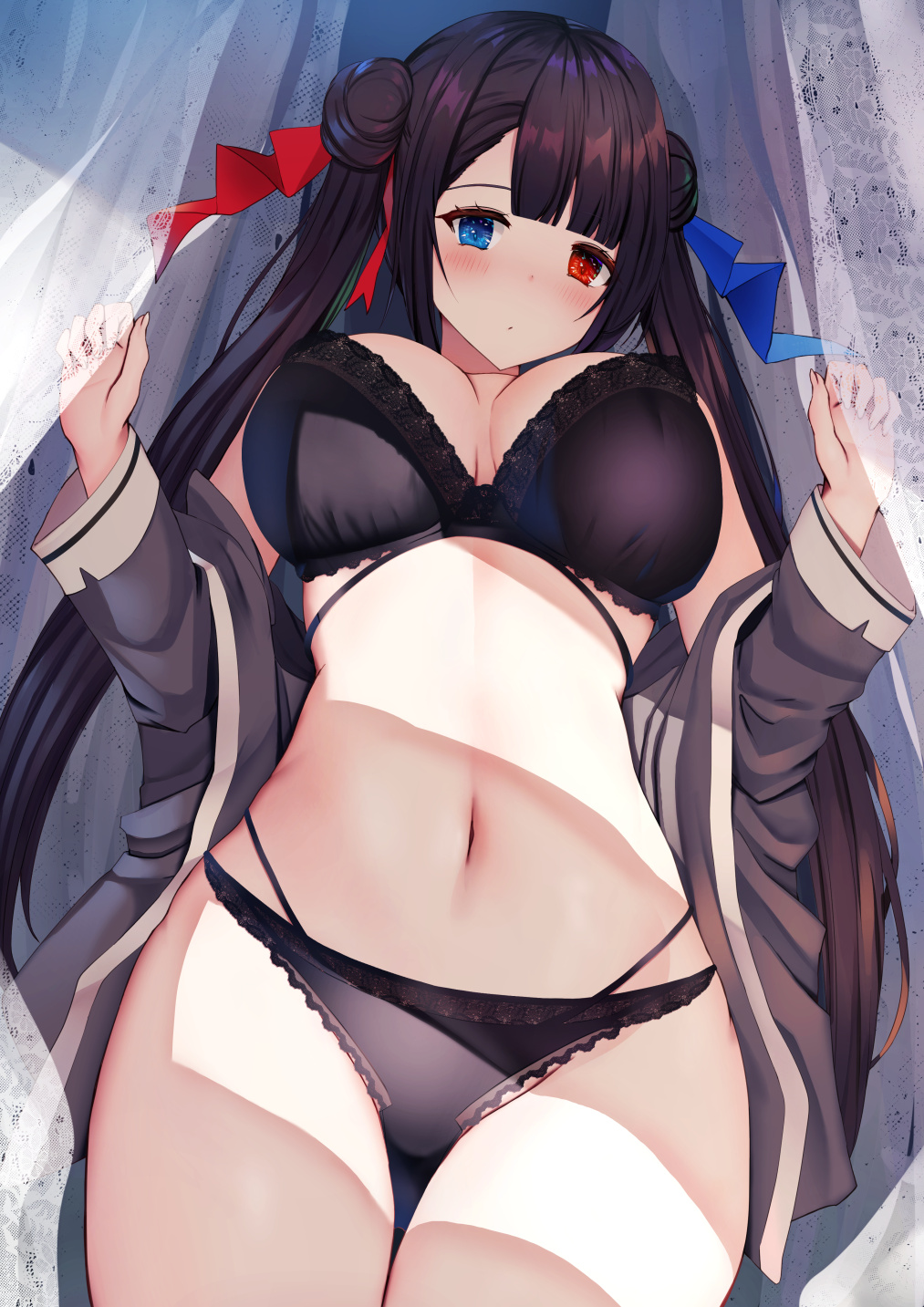 1girl bangs black_bra black_hair black_panties blue_eyes blush bra breasts closed_mouth commentary commentary_request cowboy_shot double_bun hair_ornament hands_up heterochromia highres large_breasts liya long_hair long_sleeves looking_at_viewer navel original panties red_eyes solo thighs twintails underwear