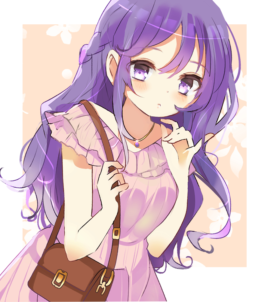 1girl alternate_hairstyle bag bangs braid closed_mouth collar dress eyebrows_visible_through_hair french_braid gochuumon_wa_usagi_desu_ka? hair_between_eyes handbag long_hair looking_at_viewer pastelpomi pink_dress purple_hair short_sleeves simple_background solo tedeza_rize violet_eyes wavy_hair