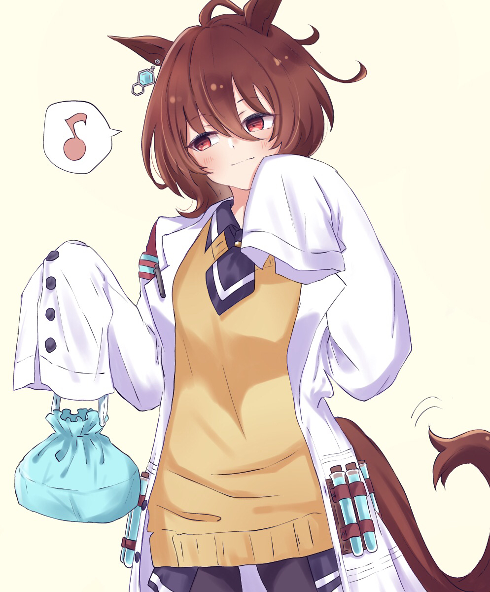 1girl agnes_tachyon_(umamusume) animal_ears bangs black_legwear black_neckwear black_shirt blush brown_background brown_hair closed_mouth collared_shirt commentary_request eighth_note eyebrows_visible_through_hair ha_(hura76752775) hair_between_eyes hands_up highres horse_ears horse_girl horse_tail labcoat light_smile looking_away looking_to_the_side musical_note open_clothes pantyhose red_eyes shirt simple_background sleeves_past_fingers sleeves_past_wrists solo spoken_musical_note sweater_vest tail umamusume vial wrapped_bento