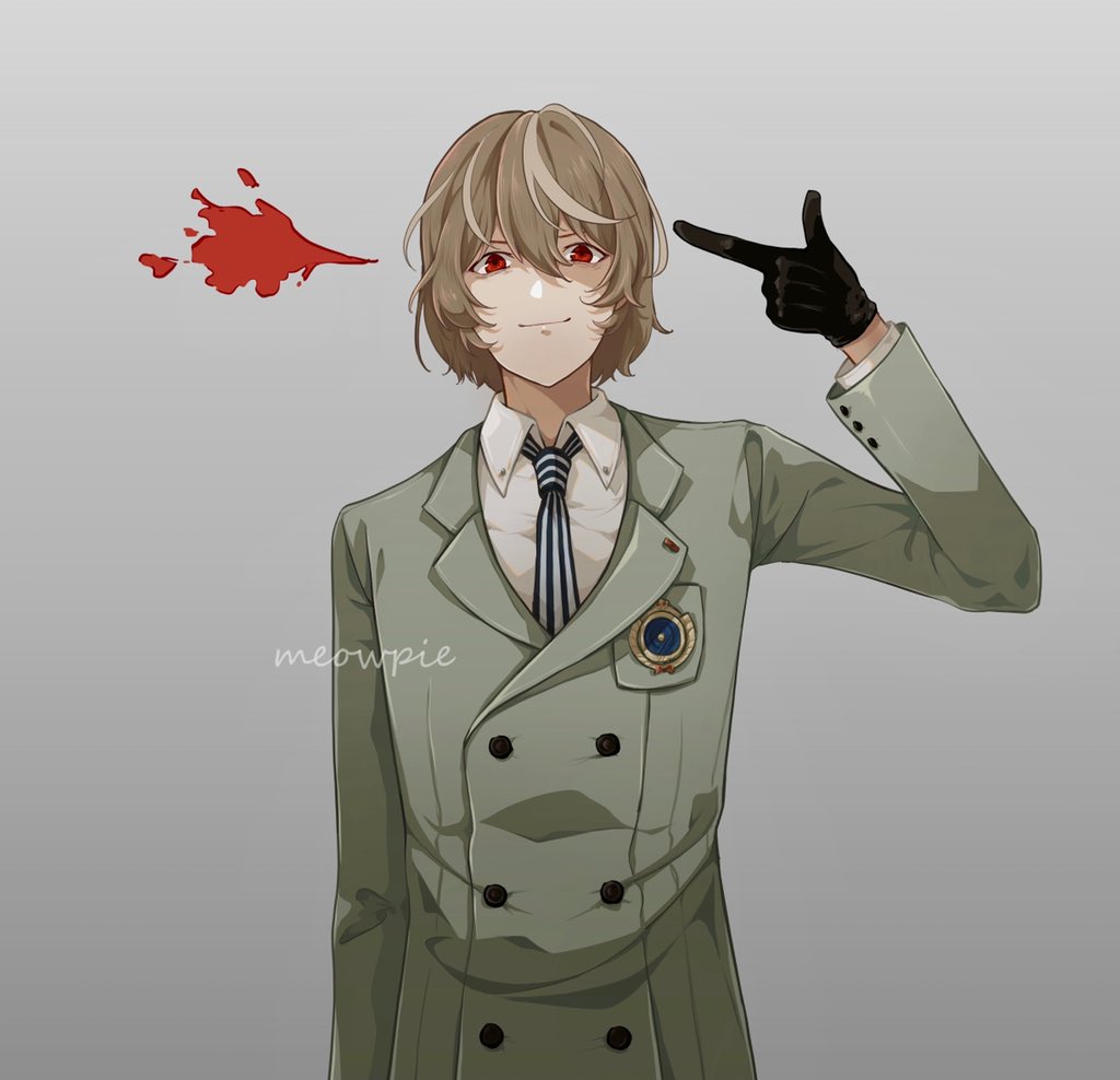 1boy akechi_gorou artist_name black_gloves blood blood_splatter brown_hair buttons closed_mouth commentary finger_gun gloves gradient gradient_background grey_background meowpie messy_hair necktie persona persona_5 red_eyes shaded_face short_hair simple_background smile solo striped_necktie white_background