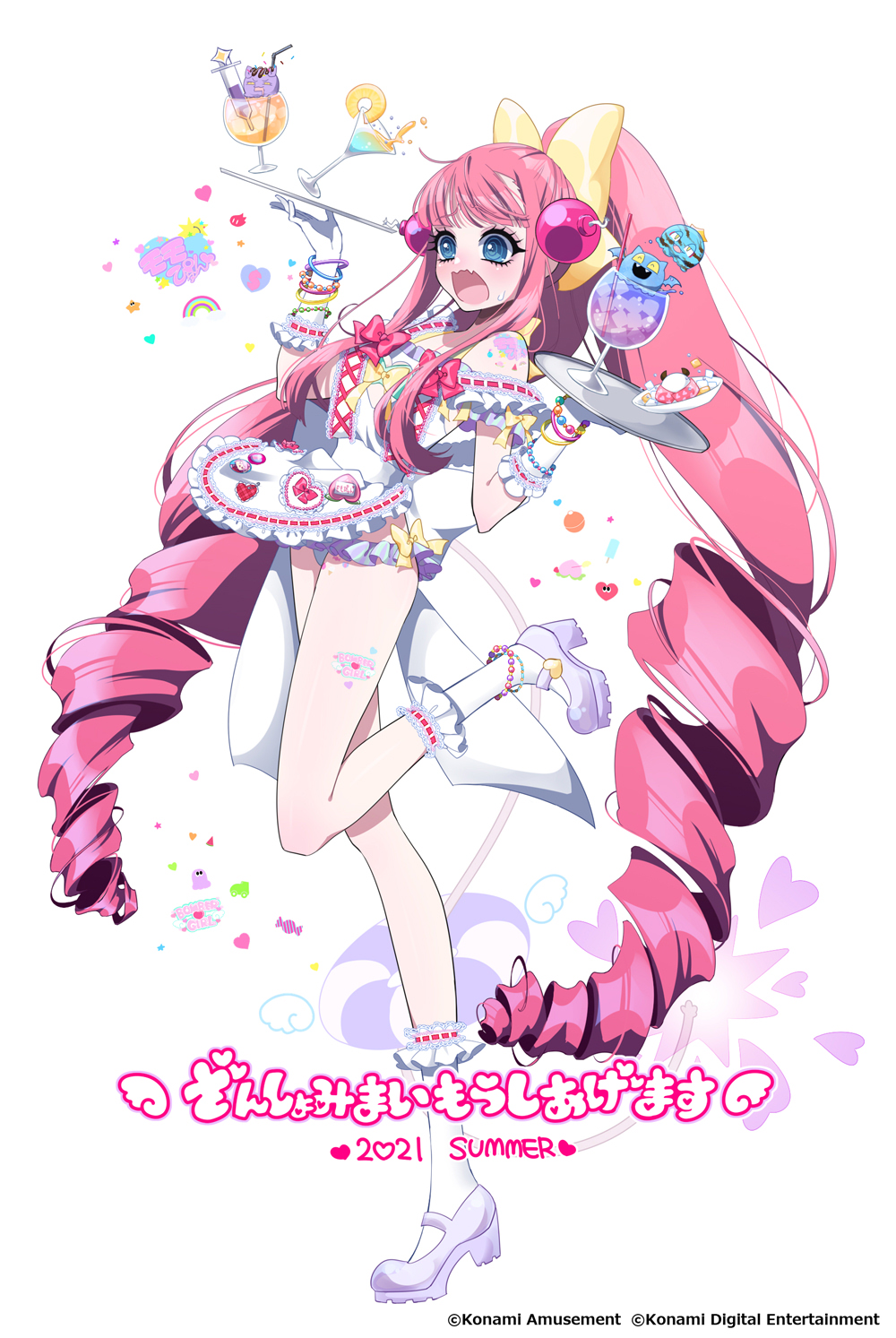 1girl @_@ absurdly_long_hair blue_eyes blush bombergirl bombergirl573 bow cup drill_hair drinking_glass eyebrows_visible_through_hair fang full_body hair_bow high_heels highres holding holding_tray long_hair looking_away momoko_(bombergirl) official_art open_mouth pink_hair skin_fang socks solo tall_female tray twin_drills very_long_hair white_footwear white_legwear yellow_bow