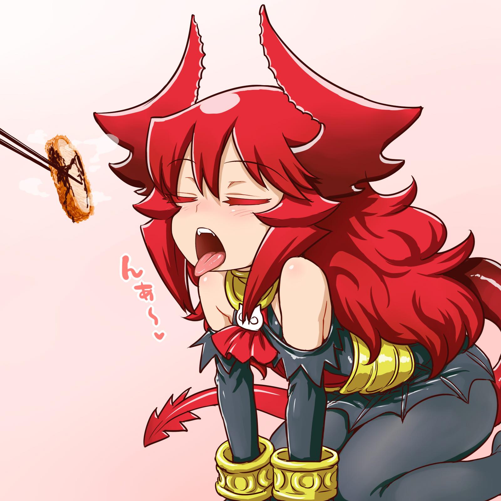 1girl all_fours bare_shoulders black_bodysuit blush bodysuit bracelet chopsticks closed_eyes copyright_request fangs feeding food gradient gradient_background highres holding holding_food horns itou_yuuji jewelry long_hair open_mouth oral_invitation out_of_frame pink_background redhead solo tail tongue tongue_out