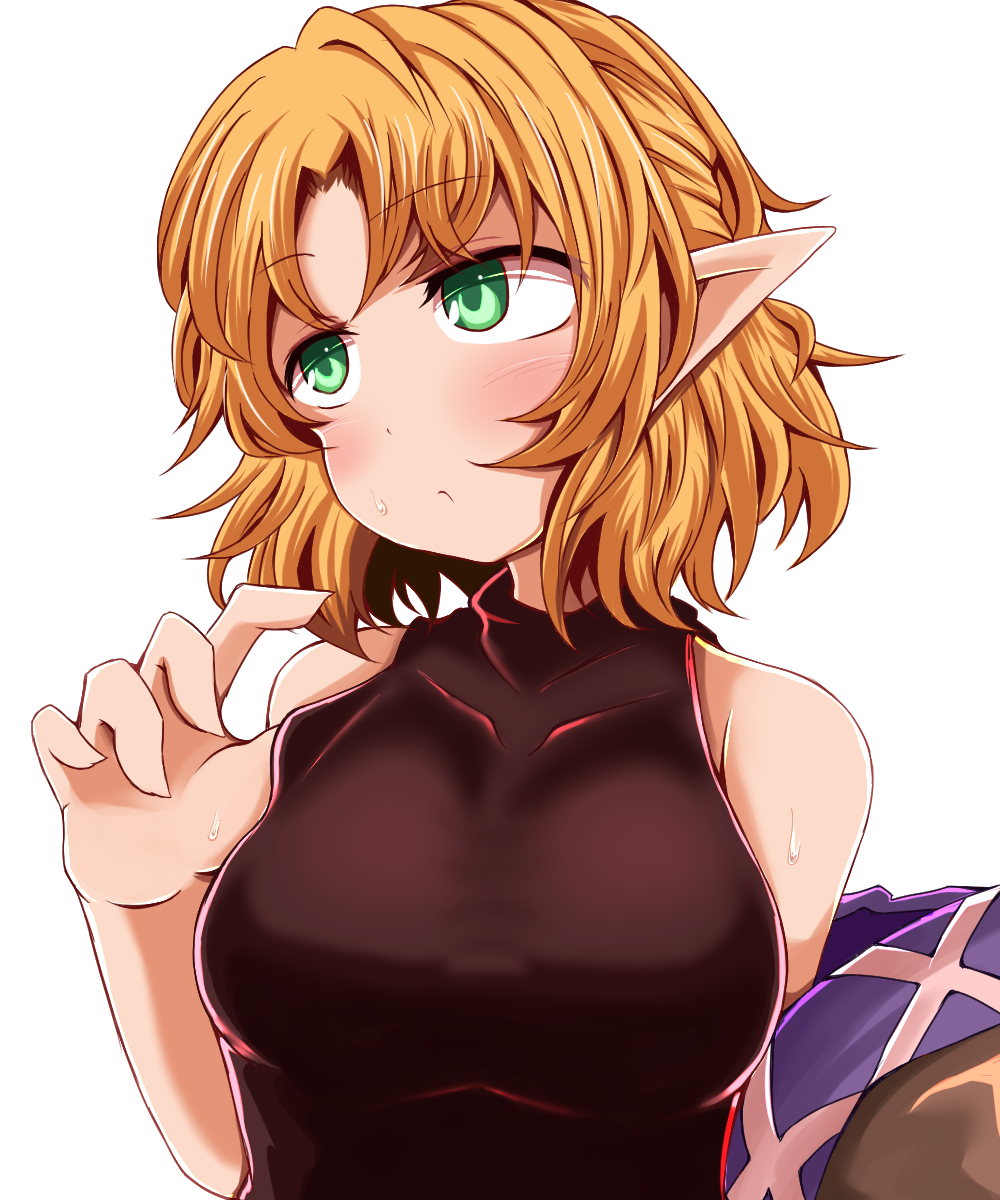 1girl bangs black_shirt blonde_hair blush breasts brown_jacket clip_studio_paint_(medium) closed_mouth commentary_request eyebrows_visible_through_hair green_eyes half_updo highres jacket looking_to_the_side medium_breasts mizuhashi_parsee multicolored multicolored_clothes multicolored_jacket pointy_ears removing_jacket shirt short_hair simple_background sleeveless sleeveless_shirt solo touhou upper_body white_background yasui_nori