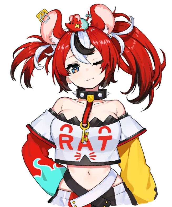 1girl animal_ears asymmetrical_hair asymmetrical_sleeves blue_eyes breasts collar crop_top hakos_baelz hololive hololive_english jorin large_breasts midriff mismatched_sleeves mouse_ears mouse_on_head multicolored_hair navel one_eye_closed redhead spiked_collar spikes streaked_hair virtual_youtuber white_background