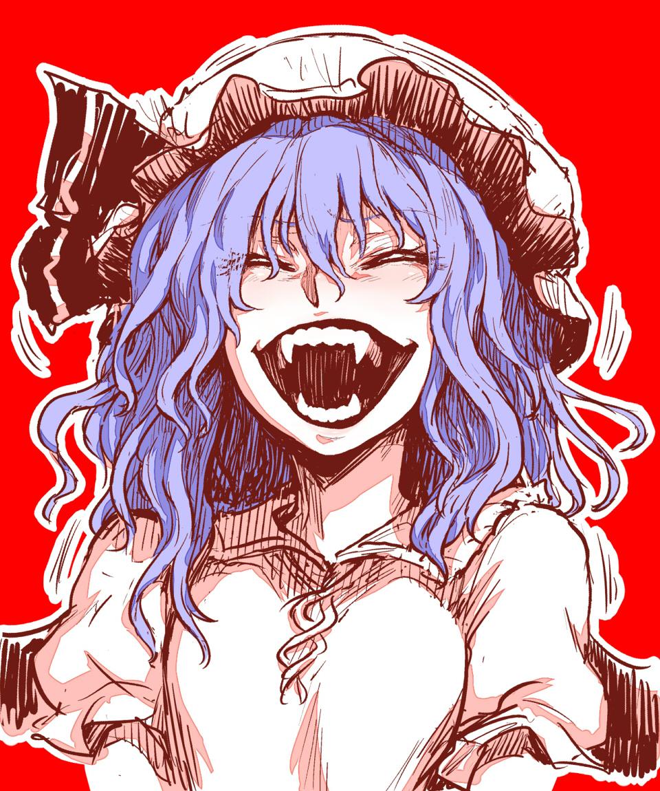 1girl :d blush facing_viewer fangs hair_between_eyes hat itou_yuuji laughing open_mouth outline puffy_short_sleeves puffy_sleeves purple_hair red_background remilia_scarlet shirt short_sleeves simple_background smile solo touhou vampire white_headwear white_outline white_shirt