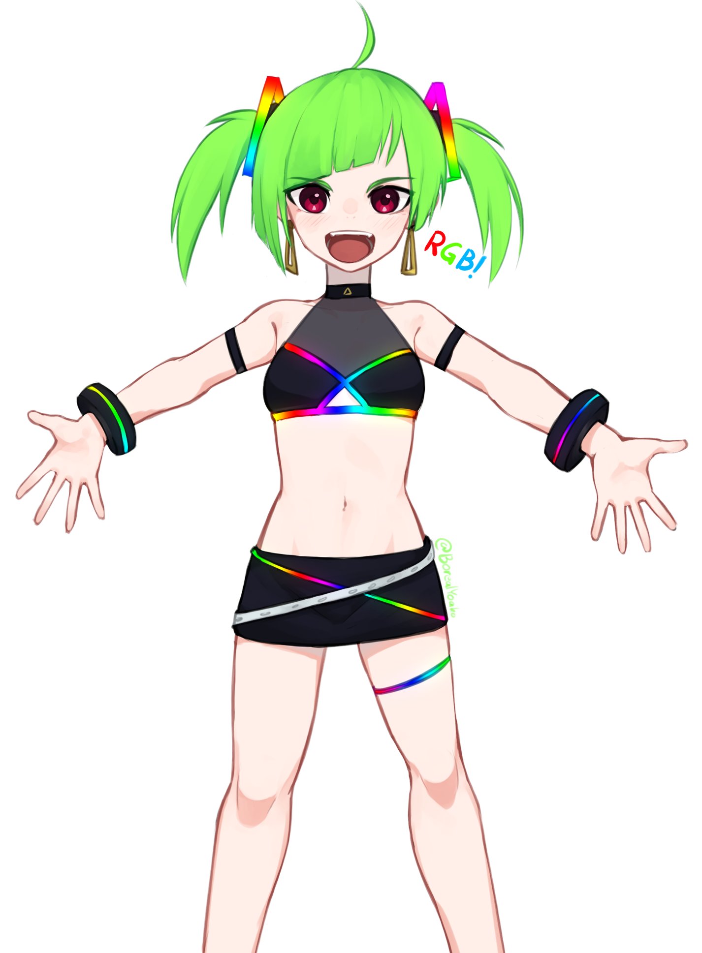 1girl :d ahoge armband bangs black_skirt delruki delutaya diagonal_bangs earrings green_hair highres indie_virtual_youtuber jewelry looking_at_viewer medium_hair miniskirt navel open_mouth outstretched_arms red_eyes rgb_lights simple_background skirt smile solo spread_arms standing stomach white_background yoako