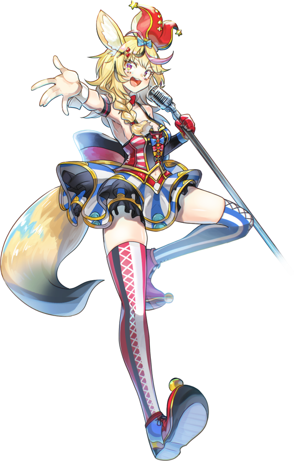 1girl animal_ears armpits asymmetrical_legwear bangs bare_shoulders blonde_hair braid commentary_request eyebrows_visible_through_hair fox_ears fox_girl fox_tail full_body hair_ornament holding holding_microphone_stand hololive microphone_stand navel omaru_polka open_mouth shoes solo standing standing_on_one_leg sui_hi_sf tail thigh-highs uneven_legwear virtual_youtuber wrist_cuffs
