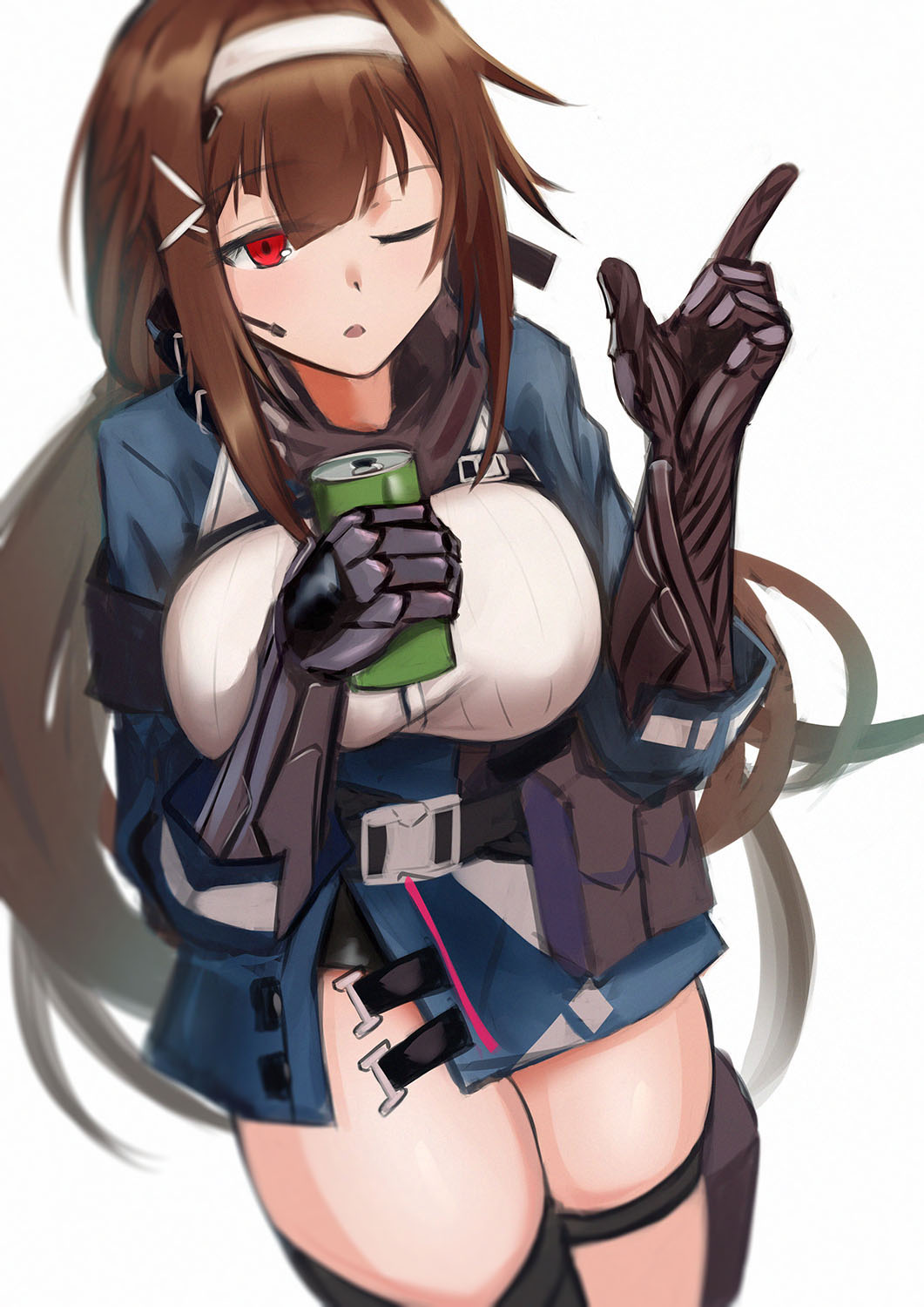 1girl :o blue_jacket breasts brown_hair eyebrows_visible_through_hair girls_frontline hair_ornament hairband hairclip headphones highres holding_jar index_finger_raised jacket js_9_(girls'_frontline) large_breasts lodbyy long_hair looking_at_viewer mechanical_arms one_eye_closed red_eyes solo standing very_long_hair white_background white_hairband