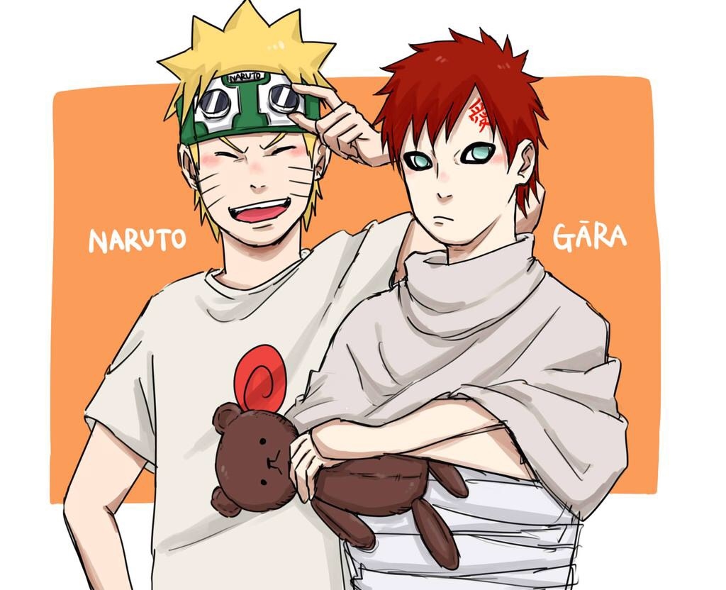 2boys :d blonde_hair blue_eyes border character_name closed_eyes closed_mouth crossed_arms facial_mark gaara_(naruto) goggles goggles_on_head holding looking_at_viewer multiple_boys naruto naruto_(series) no_eyebrows open_mouth orange_background pinoko_(pnk623) red_eyes redhead shirt short_hair simple_background smile stuffed_animal stuffed_toy teddy_bear teeth uzumaki_naruto white_shirt