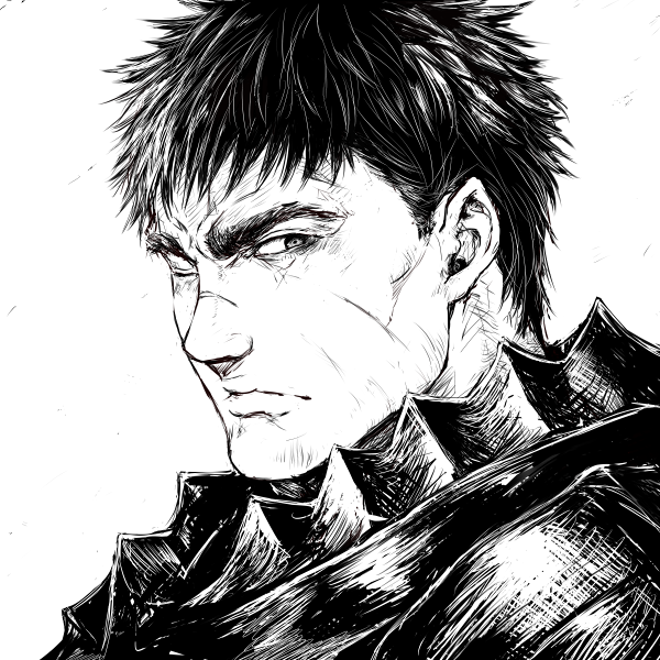 1boy armor berserk berserker_armor closed_mouth commentary from_side greyscale guts_(berserk) looking_at_viewer looking_to_the_side male_focus monochrome one_eye_closed portrait scar scar_on_face scar_on_nose short_hair shu-mai sideways_glance simple_background solo upper_body white_background