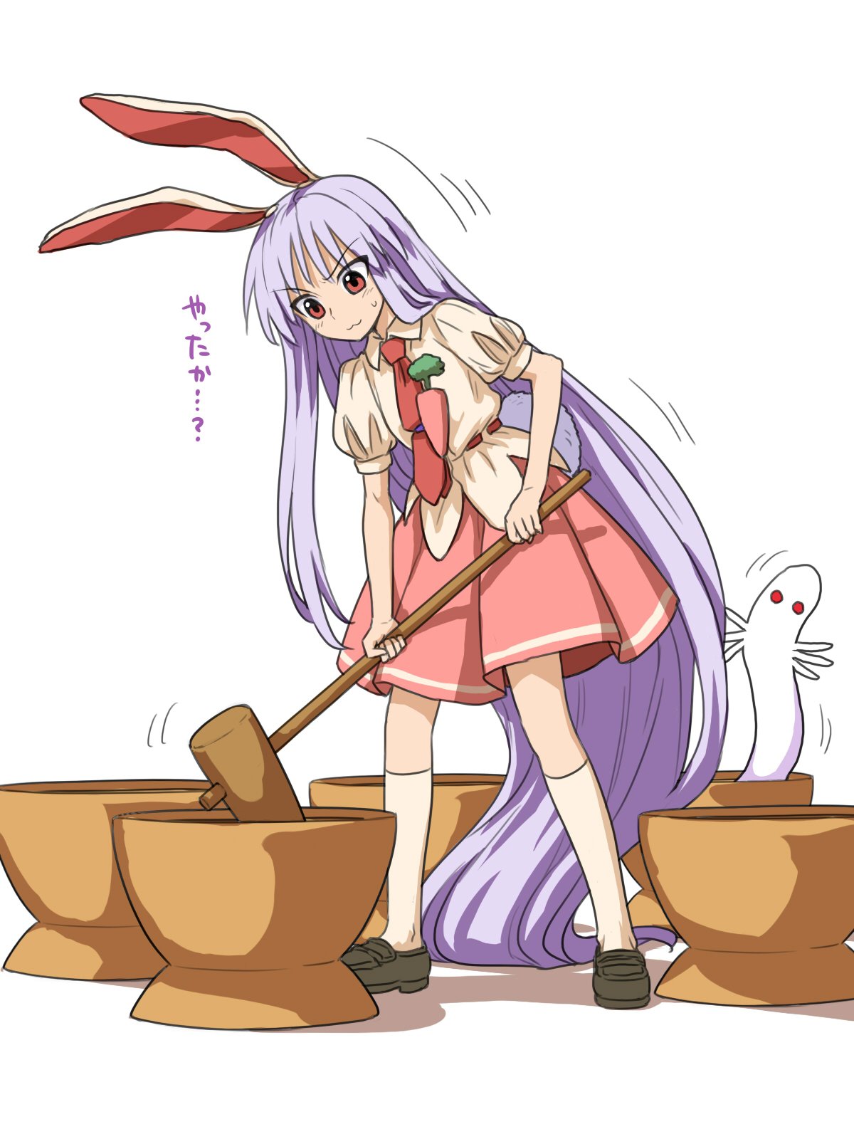 1girl :3 absurdly_long_hair animal_ears black_footwear closed_mouth full_body highres holding holding_mallet itou_yuuji kine long_hair mallet miniskirt mortar necktie pink_skirt puffy_short_sleeves puffy_sleeves purple_hair rabbit_ears red_eyes red_neckwear reisen_udongein_inaba shirt shoes short_sleeves simple_background skirt socks solo standing sweatdrop touhou translation_request very_long_hair white_background white_legwear white_shirt