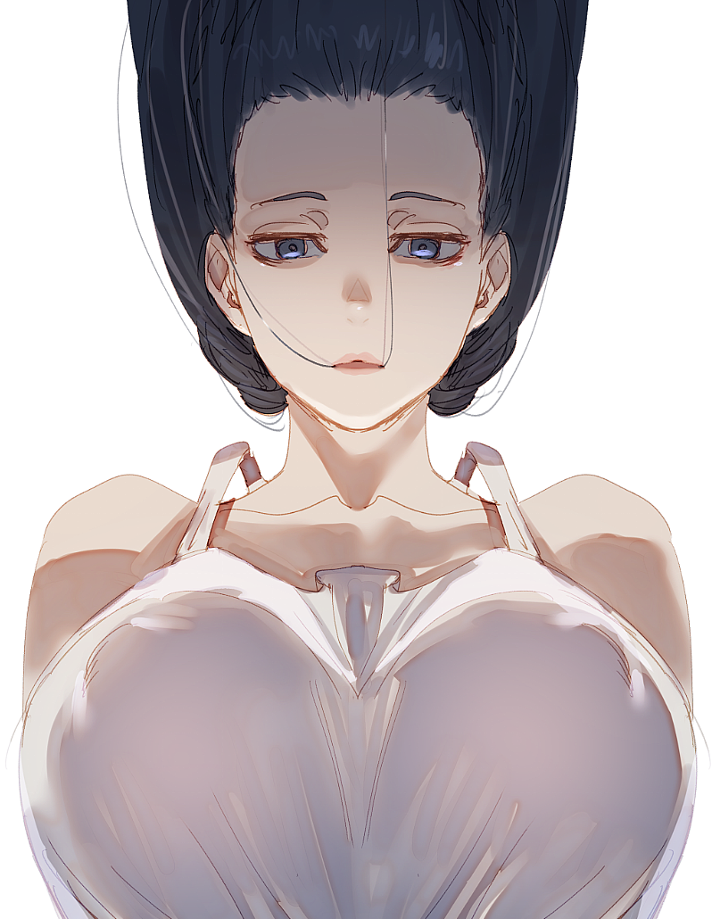 1girl bare_shoulders black_hair bow_(bhp) breasts closed_mouth covered_nipples dress hair_in_mouth hanging_breasts hasshaku-sama large_breasts long_hair looking_at_viewer original simple_background solo sundress upper_body upside-down violet_eyes white_background white_dress