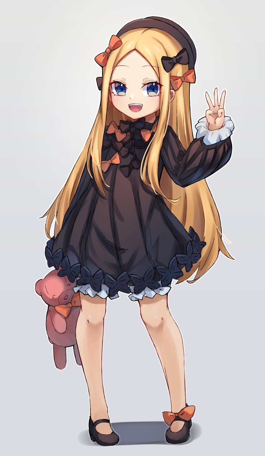 1girl abigail_williams_(fate) bangs black_bow black_dress black_footwear black_headwear blonde_hair bloomers blue_eyes blush bow breasts bug butterfly commentary dress english_commentary fate/grand_order fate_(series) forehead full_body grey_background hair_bow hand_up hat highres long_hair long_sleeves looking_at_viewer miya_(miyaruta) multiple_bows orange_bow parted_bangs polka_dot polka_dot_bow puffy_long_sleeves puffy_sleeves ribbed_dress shadow shoes sleeves_past_fingers sleeves_past_wrists small_breasts smile solo standing stuffed_animal stuffed_toy teddy_bear underwear very_long_hair w white_bloomers