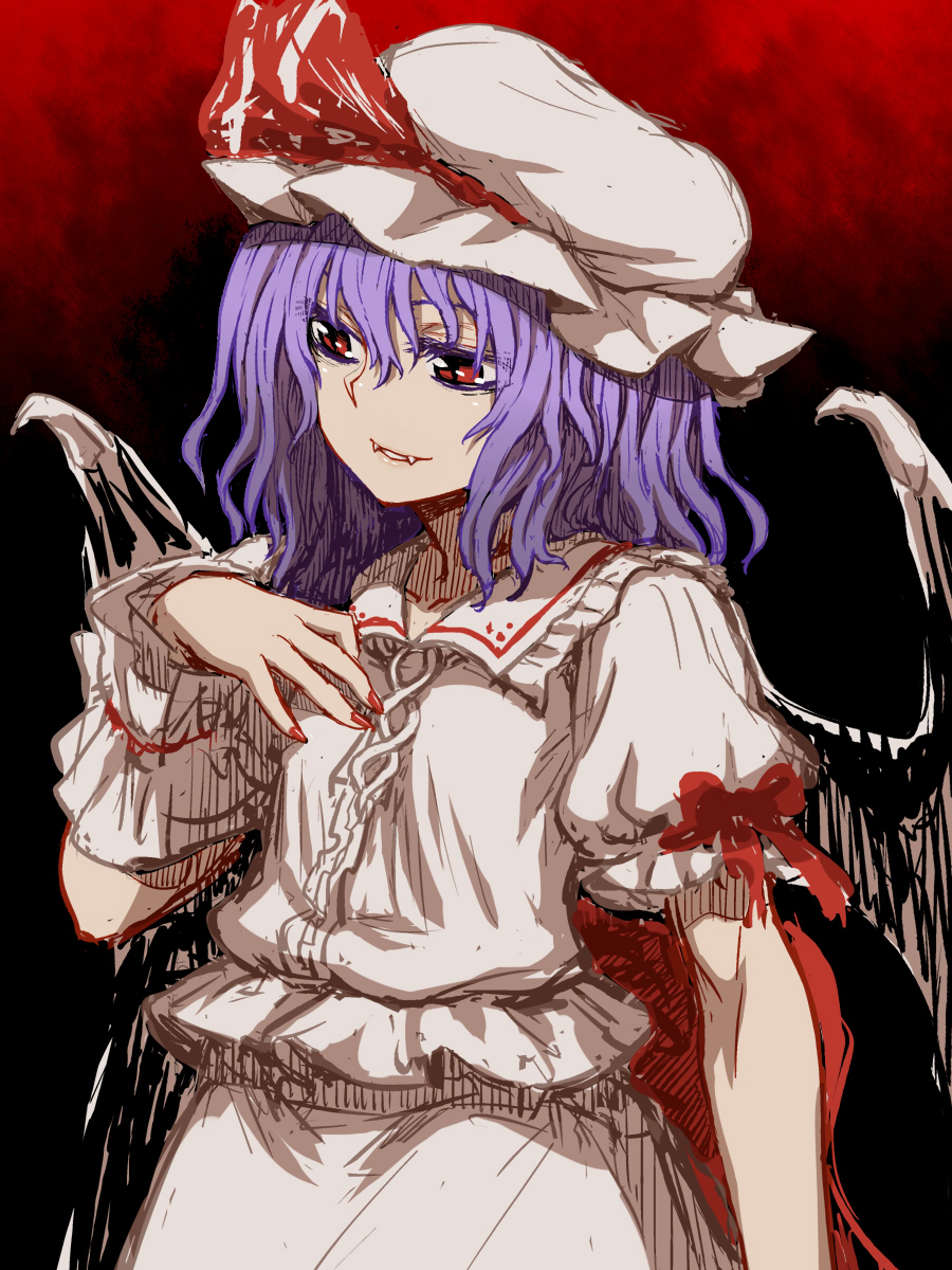 1girl fangs fangs_out fingernails hair_between_eyes hand_on_own_chest hat hat_ornament highres itou_yuuji medium_hair nail_polish puffy_short_sleeves puffy_sleeves purple_hair red_background red_eyes red_nails red_ribbon remilia_scarlet ribbon shirt short_sleeves sleeve_ribbon smile solo touhou white_headwear white_shirt wings