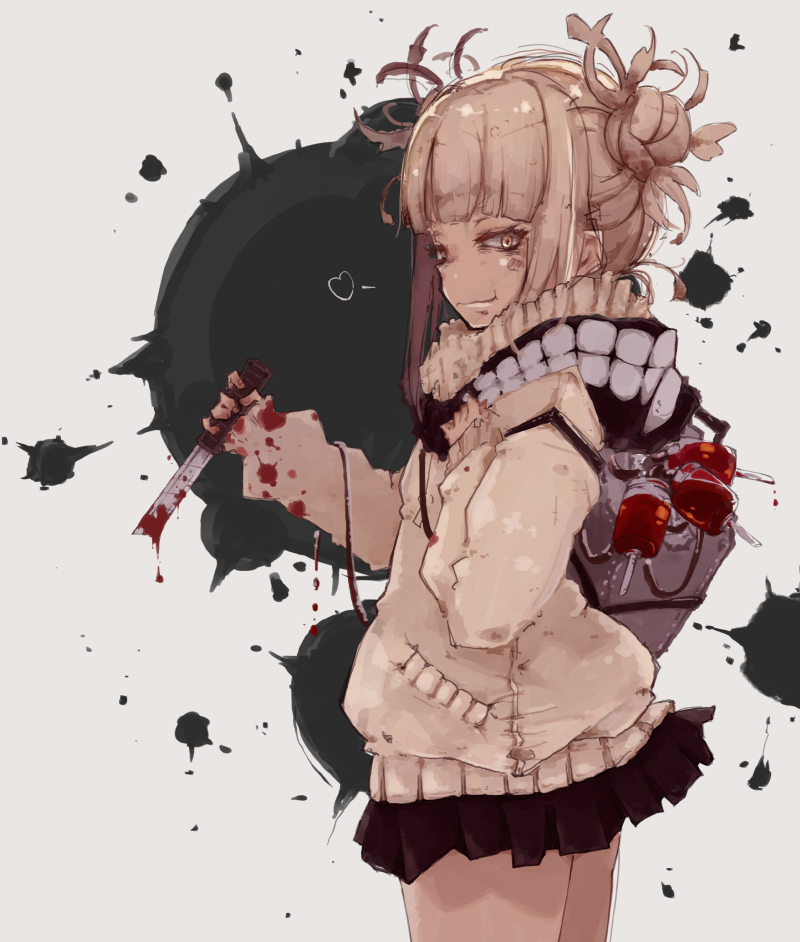 1girl bangs blonde_hair blood blood_on_clothes boku_no_hero_academia bottle closed_eyes closed_mouth cowboy_shot double_bun from_side grey_background hair_ornament heart holding holding_knife knife kona_(konahana) long_sleeves messy_hair miniskirt pleated_skirt scarf sideways_glance simple_background skirt smile solo splatter toga_himiko white_background